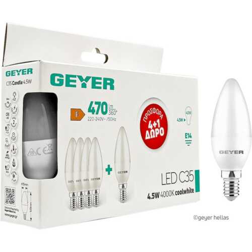 Λάμπα LED Κερί C35 4.5W E14 4000K 470lm 4 + 1ΔΩΡΟ