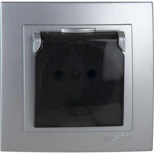 Ασημί πρίζα σούκο με προστασία και καπάκι