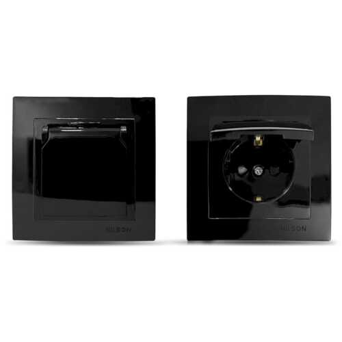 Μαύρη πρίζα σούκο με προστασία και καπάκι